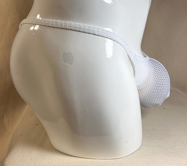 May include: White mesh thong underwear with a pouch. The underwear has a thin, white waistband and a mesh pouch. The garment is displayed on a white mannequin.