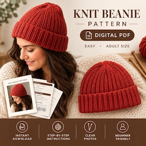 Könnte beinhalten: Ein digitales PDF-Strickmuster für eine Mütze mit einer roten Rippstrickmütze, Text KNIT BEANIE PATTERN, DIGITAL PDF, EASY, ADULT SIZE, INSTANT DOWNLOAD, STEP-BY-STEP INSTRUCTIONS, CLEAR PHOTOS, BEGINNER FRIENDLY und ausgedruckten Anleitungsseiten.