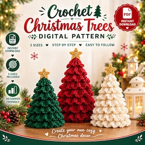 Peut inclure: Un modèle numérique pour des sapins de Noël au crochet avec le texte Crochet Christmas Trees Digital Pattern, 3 Sizes, Step by Step, Easy to Follow, Instant Download, et Create your own cozy Christmas decor avec trois arbres crochetés.