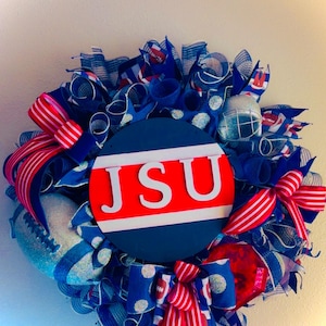 JSU Door Hanger Wreath – Handmade Jackson State University Decor – Blue, White & Red Football Wreath