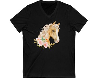 Chemise de cheval florale Palomino, tee-shirt à manches courtes en jersey, cadeau pour les amoureux des chevaux, chemise de cheval florale, t-shirt équestre à col en V