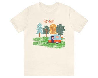 Home Travel Trailer, RV Home in woods, Unisex Jersey Short Sleeve Tee