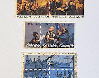 1970s US Bicentennial History Stamps - Declaration of Independence, Spirit of 76, Boston Tea Party - Block of 3 or 4 Unused Postage Stamps