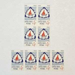 1960 4c Camp Fire Girls Block of 4 Unused Stamps for collecting, mail art, junk journals, scrapbooks, crafts