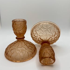 Vtg Imperial Dusty Rose Marie Pink Depression Glass Candlestick Holders, Set of Two, Pattern 675 Tree of Life Art Deco Style
