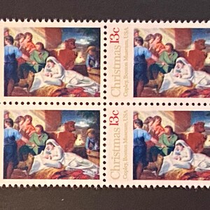 May include: Four vintage Christmas postage stamps featuring a painting of the Nativity scene. The stamps are white with black borders and feature the text "Christmas 13c" and "Copley, Boston Museum, USA".