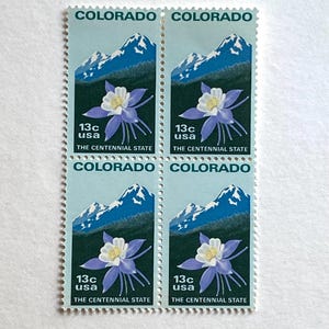 1977 13c Colorado Statehood Centennial Columbine Rockies Block of 4 Unused Stamps for mail Art, junk Journals, scrapbooks, crafts