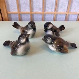Vtg Goebel Porcelain Brown Sparrow Figurines, rare set of 4 unique birds- CV72, CV73, CV74 and CV75 - Made in West Germany circa 1960s