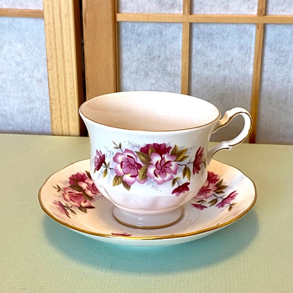 Queen Anne England Bone China Pink Wild Rose Floral Teacup and Saucer