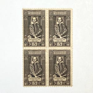 1964 5c William Shakespeare Block of 4 Unused Stamps for collecting, mail art, junk journals, scrapbooks, crafts