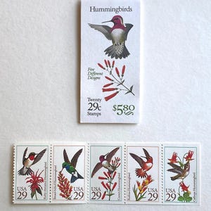 1991 29c Hummingbirds Booklet Pane of 5 Unused Stamps, for mail art, junk journals, scrapbooks, crafts