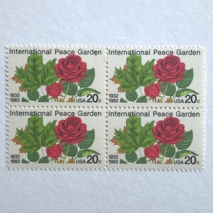 1982 20c International Peace Garden Block of 4 Unused Stamps for mail art, junk journals, scrapbooks, crafts