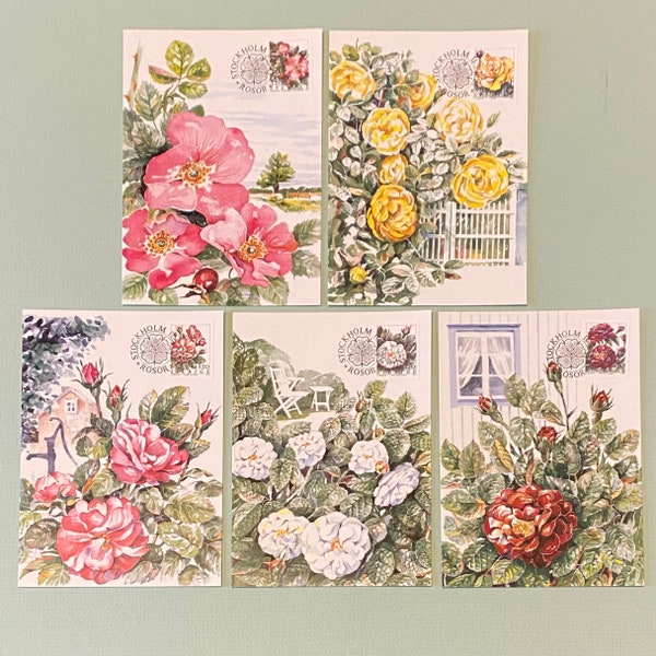 Sweden Roses 1994 First Day of Issue Maximum Cards, Complete Postcard Set of 5 - Collect, Frame, or Use for Junk Journals or Art