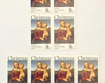 1973 8c Raphael Madonna & Child - Block of 4 Unused Stamps for mail art, junk journals, scrapbooks, crafts