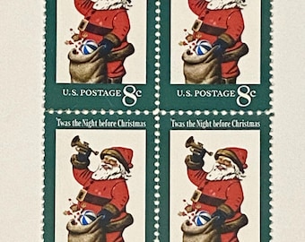 1972 8c Santa Claus ’Twas the Night Before Christmas Stamps - Block of 4 Unused Stamps for mail art, junk journals, scrapbooks, crafts