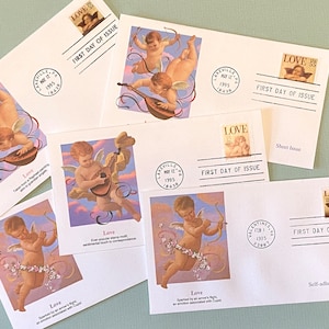 Cupid LOVE Stamps First Day Covers Stamped Envelopes- Vintage Paper Ephemera for Junk Journals, Scrapbooks, Collage, Crafting
