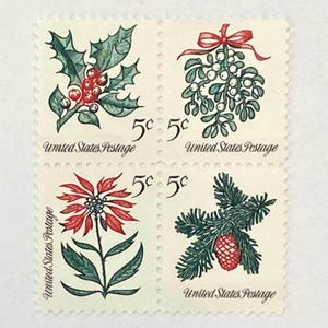 1964 5c Christmas Flowers Holly Poinsettia Mistletoe Pine - Block of 4 Unused Stamps for mail art, junk journals, scrapbooks, crafts