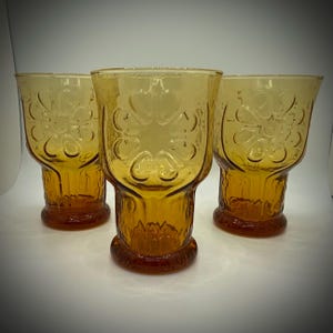 MCM Vintage Libbey Amber Gold Daisy Flower 4oz Juice Glasses, Set of 3, Country Garden Collection