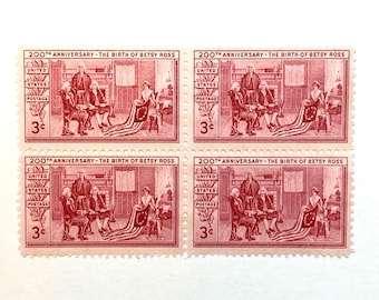 1952 3c Betsy Ross First US Flag - Block of 4 Unused Postage Stamps - great for collecting, gifting, framing, mail art, or craftss