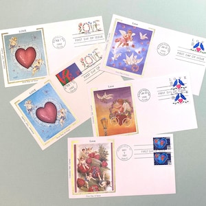 Colorano Silk Cachet Cupid LOVE Stamps First Day Covers Stamped Envelopes- Vintage Paper Ephemera for Junk Journals, Scrapbooks, Crafting