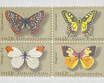 1977 Unused 13c Butterfly stamps, block of 4 or singles, for mail art, junk journals, scrapbooks, crafts