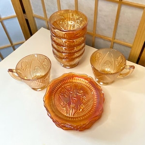 Jeannette Peach Marigold Gold Iridescent Iris & Herringbone Replacement Cups Sherbet Bowls Plates, Mid Century Carnival Glass *sold singly