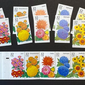 1995 32c Fall Garden Flower Stamps - Choose singles or pane - Aster Mums Dahlia Hydrangea Rudbeckia - Unused Stamps for mail art, crafts