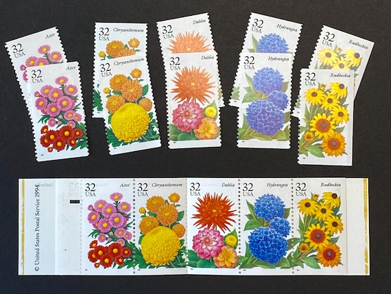 1995 32c Fall Garden Flower Stamps - Choose singles or pane - Aster Mums Dahlia Hydrangea Rudbeckia - Unused Stamps for mail art, crafts