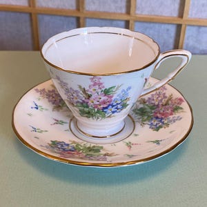 Vintage Royal Stafford Bone China #8213 Floral Footed Tea Cup and Saucer Set, White with Pastel Forget-Me-Not Flowers