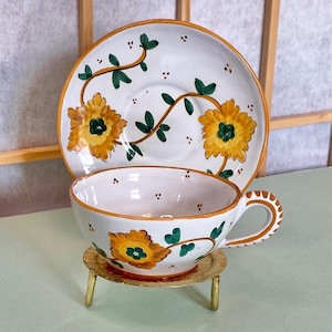 Santarelli Italian Art Pottery Espresso Demitasse Cup Saucer with Yellow Flowers, Vintage Hand Painted Early Signature Italy