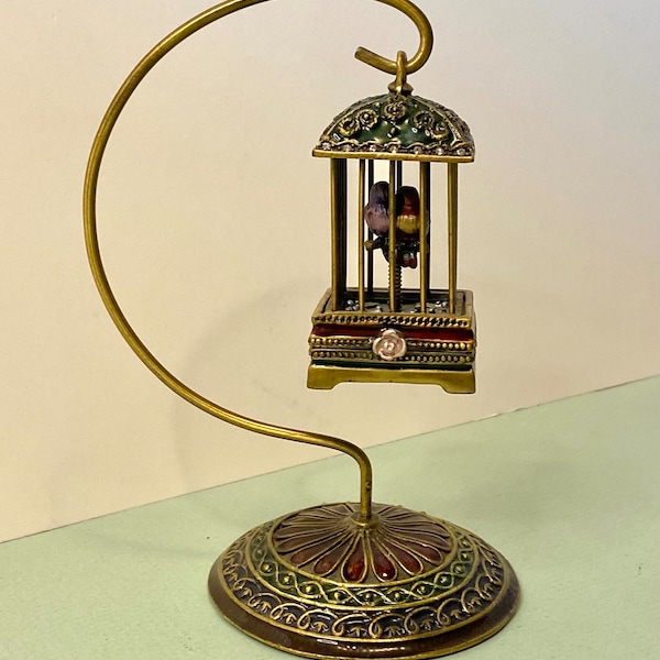 Vintage Hinged Trinket Box, Love Birds in Bejeweled and Enameled Goldtone Birdcage with Matching Hanger