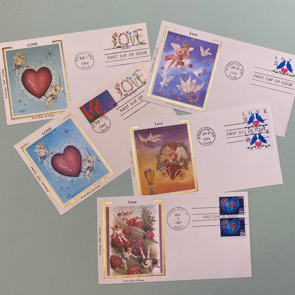 Colorano Silk Cachet Cupid LOVE Stamps First Day Covers Stamped Envelopes- Vintage Paper Ephemera for Junk Journals, Scrapbooks, Crafting