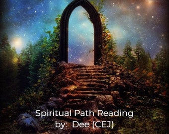 Könnte beinhalten: Ein digitales Kunstwerk zeigt einen steinernen Torbogen, der in einen sternenklaren Nachthimmel führt. Eine Steintreppe führt zum Bogen, umgeben von üppigem Grün und Bäumen. Der Text "Spiritual Path Reading by: Dee (CEJ)" ist unten zu sehen.