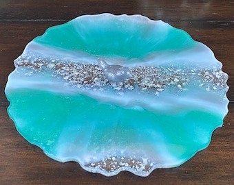 Design your own tray—teal with silver sprinkled  accents, custom handmade epoxy resin tray personalized, home decor, custom sizes and colors