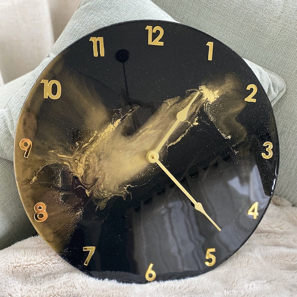Black and Gold Large Resin clock for wall or fireplace decor,Unique resin art clock,Bedroom wall art over the bed,epoxy wall clock