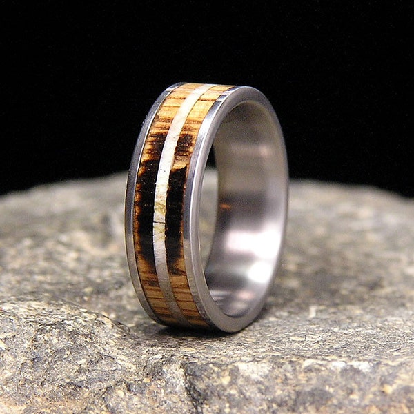 Once Used Distillery Whiskey Barrel Wood and Deer Antler Inlay Titanium Wedding Band or Unique Gift Ring