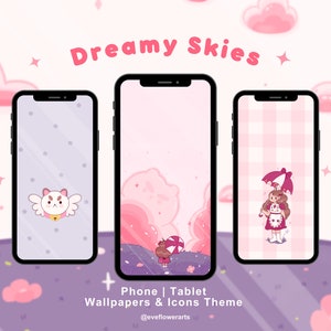 Fondos de pantalla e iconos de gatos lindos para teléfono y tableta / Tema Dreamy Skies / iOS / Android / iPad / Widgets / iPhone / Kawaii / Coreano Japonés