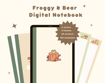May include: A digital notebook with a frog and bear theme. The notebook has 4 covers, 5 themes, 28 stickers, and 100 templates. The image shows a frog sitting on a tree stump with mushrooms.