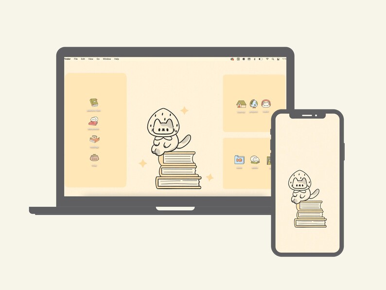 Lindos fondos de pantalla y íconos de gato para escritorio, tema de libro / MAC OS / PC con Windows / Android / iPhone / Estética japonesa / Kawaii / Organizador de fondos de pantalla imagen 8