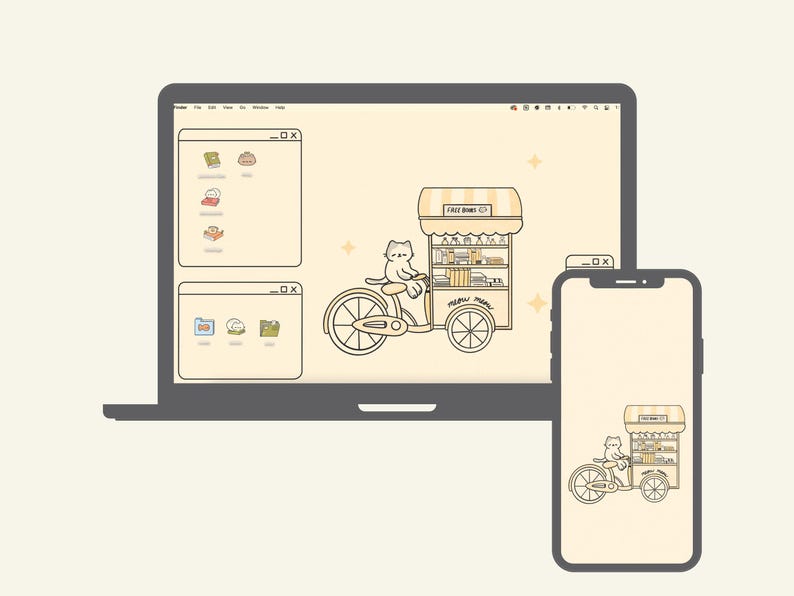 Lindos fondos de pantalla y íconos de gato para escritorio, tema de libro / MAC OS / PC con Windows / Android / iPhone / Estética japonesa / Kawaii / Organizador de fondos de pantalla imagen 7
