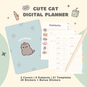以下が含まれることがあります： キュートな猫をテーマにしたデジタルプランナー。プランナーには、猫のグラフィックが入った水色のノートカバーと、テンプレートがいくつか含まれています。画像には、スタイラスと「CUTE CAT DIGITAL PLANNER」というテキストも表示されています。