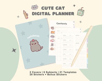 Cute Cat Digital Planner | Goodnotes Notability | Undated Yearly Monthly Weekly Daily Templates | Student Notebook | Cat Stickers | Kawaii