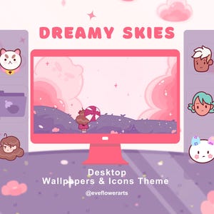 Lindos fondos de pantalla y íconos de gatos para escritorio Tema Dreamy Skies / Mac OS / PC / Escritorio / Ultrawide / Kawaii