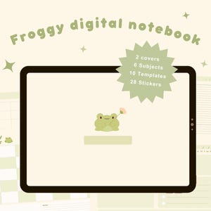 Cute Frog Digital Planner | Goodnotes | Notability | Paisagem | Modelos mensais semanais diários | Diário | Caderno | Adesivos de sapo | Kawaii