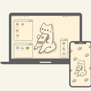 Lindos fondos de pantalla y íconos de gato para escritorio, tema de libro / MAC OS / PC con Windows / Android / iPhone / Estética japonesa / Kawaii / Organizador de fondos de pantalla imagen 6