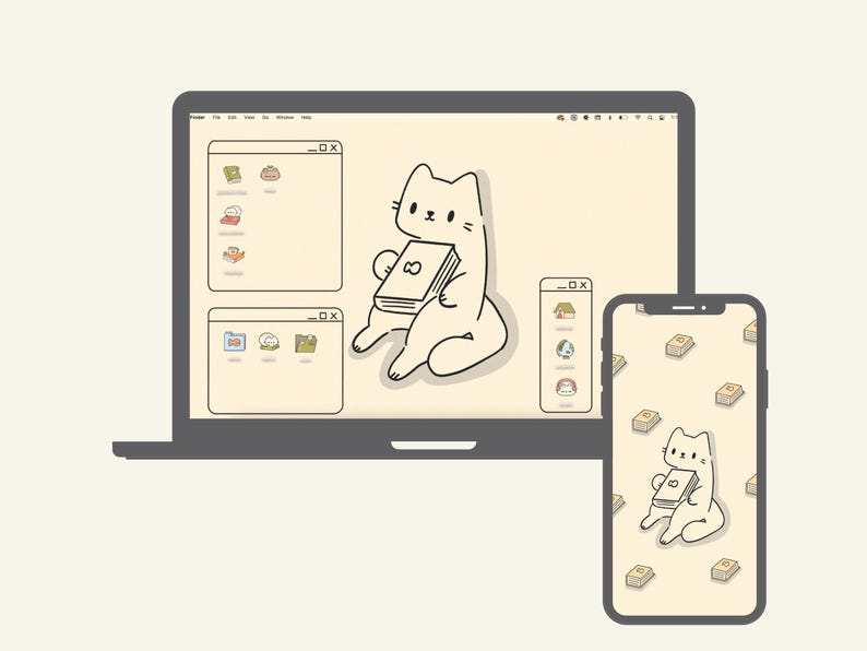 Lindos fondos de pantalla y íconos de gato para escritorio, tema de libro / MAC OS / PC con Windows / Android / iPhone / Estética japonesa / Kawaii / Organizador de fondos de pantalla imagen 6