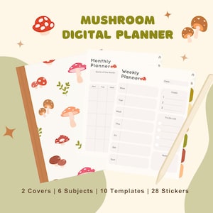 Cute Mushroom Digital Planner | Goodnotes Notability | Modelos mensais semanais diários sem data | Caderno | Adesivos Kawaii Cottagecore