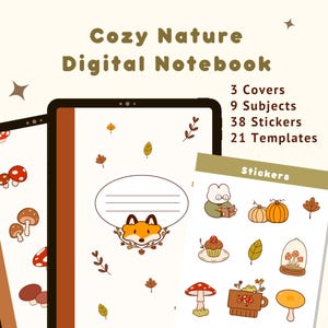 Puede incluir: Cuaderno digital con temática de naturaleza acogedora. La imagen muestra un cuaderno digital con una ilustración de zorro, setas y hojas. Incluye 3 portadas, 9 temas, 38 pegatinas y 21 plantillas. El texto dice "Cozy Nature Digital Notebook".
