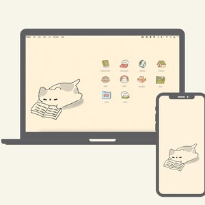 Lindos fondos de pantalla y íconos de gato para escritorio, tema de libro / MAC OS / PC con Windows / Android / iPhone / Estética japonesa / Kawaii / Organizador de fondos de pantalla imagen 5