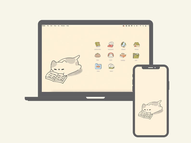 Lindos fondos de pantalla y íconos de gato para escritorio, tema de libro / MAC OS / PC con Windows / Android / iPhone / Estética japonesa / Kawaii / Organizador de fondos de pantalla imagen 5